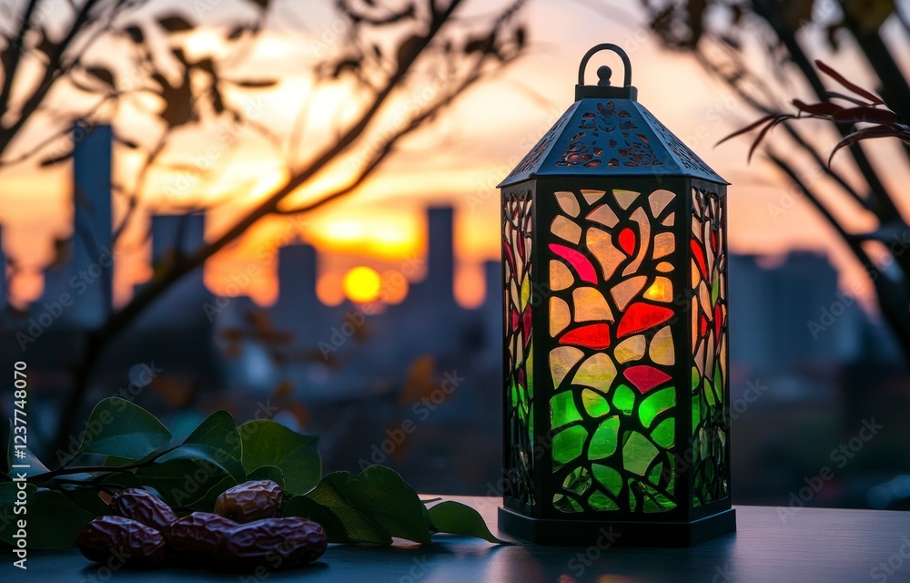 A photo of an ornate Ramadan lantern with green and red glass, casting warm light on dates in the foreground. In the background is a city skyline at sunset. The sky transitions from orange to blue. A photo of an ornate Ramadan lantern with green and red glass, casting warm light on dates in the foreground. In the background is a city skyline at sunset. The sky transitions from orange to blue.
