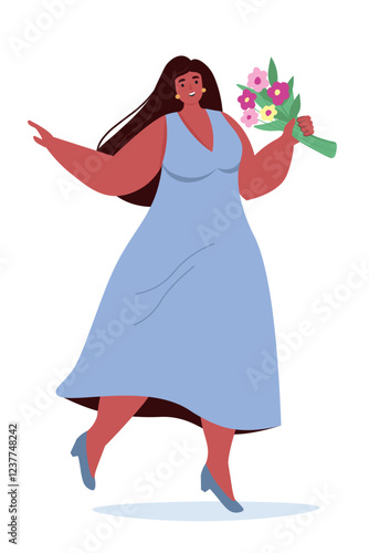 Young beautiful plump woman with a bouquet of flowers. Cheerful happy woman in full growth. Vector flat graphics.