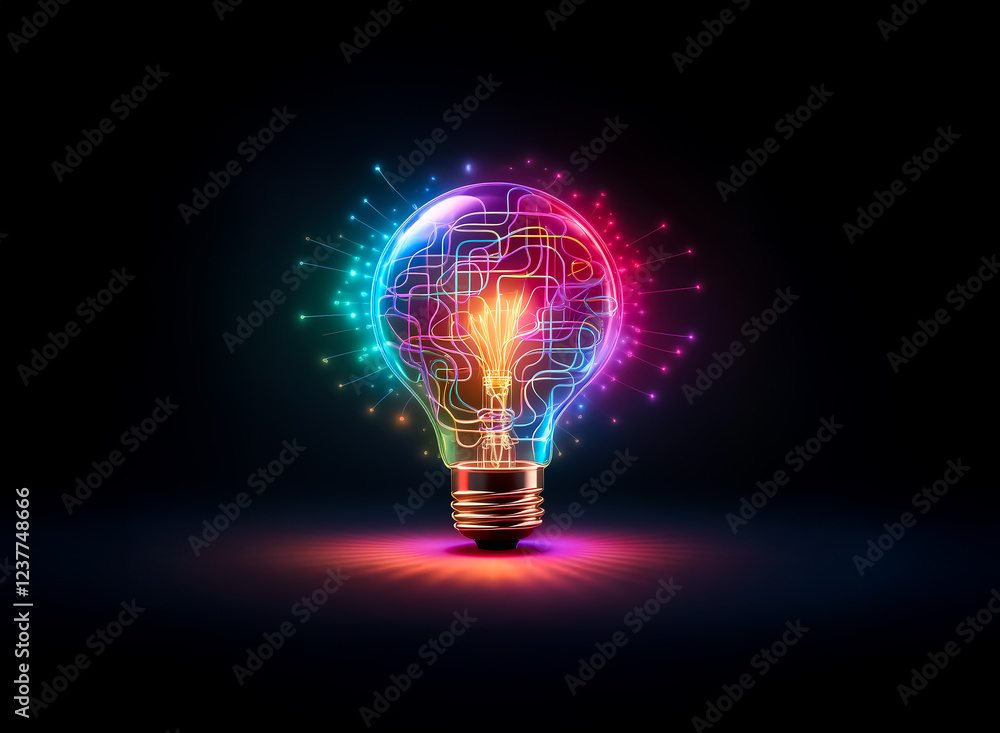 A vibrant lightbulb, glowing with multicolored circuitry and sparks, symbolizes innovation and creative energy against a dark background. A vibrant lightbulb, glowing with multicolored circuitry and sparks, symbolizes innovation and creative energy against a dark background.
