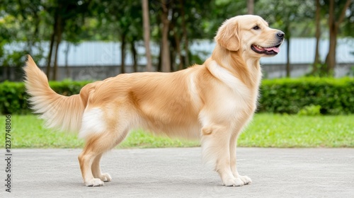 Golden Retriever Standing Proudly in a Green Park Setting