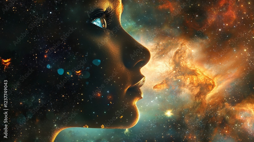 Abstract digital art of a woman's face, surrounded by stars, nebulae and cosmic dust. Abstract digital art of a woman's face, surrounded by stars, nebulae and cosmic dust.