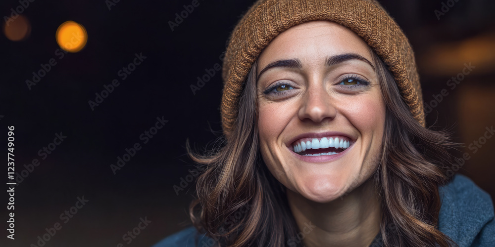 Smiling woman wearing a beanie in a dimly lit urban setting during the evening Smiling woman wearing a beanie in a dimly lit urban setting during the evening