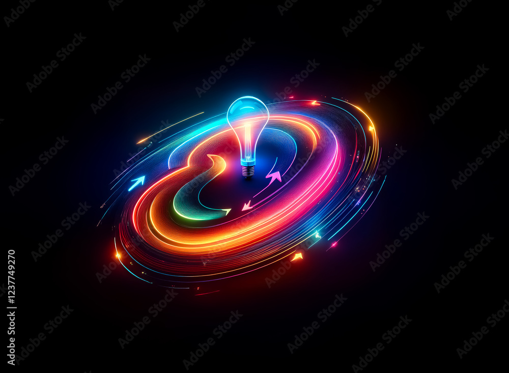 Obraz premium A vibrant, glowing lightbulb sits at the center of a swirling, multicolored energy vortex against a dark background, symbolizing innovation and new ideas.