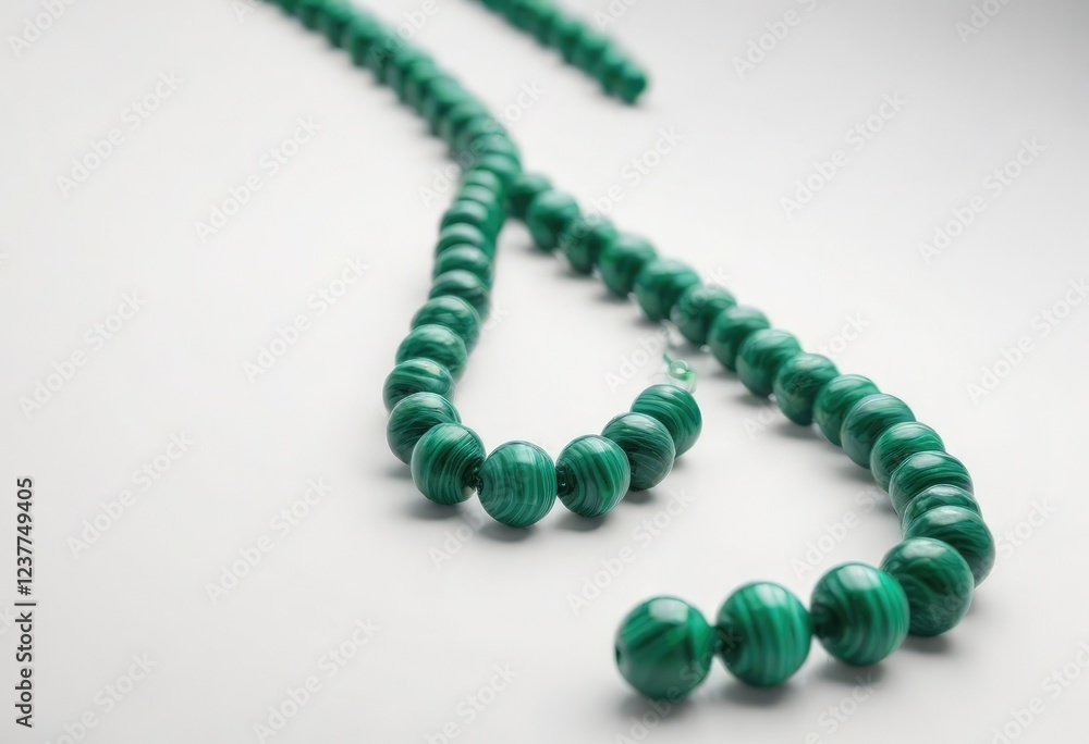 Obraz premium Row of malachite beads lined up on a white background, arrangement, beads, malachite