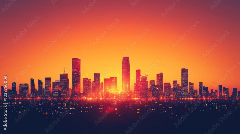 Fototapeta premium Cityscape sunset silhouette, urban skyline, fiery sky, night lights, design