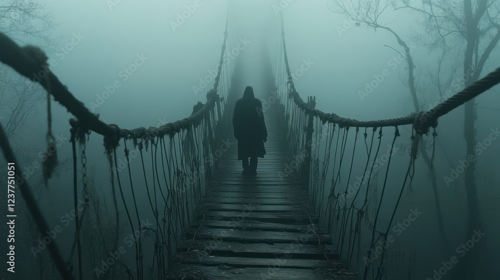 Obraz premium Mysterious figure crosses foggy jungle rope bridge