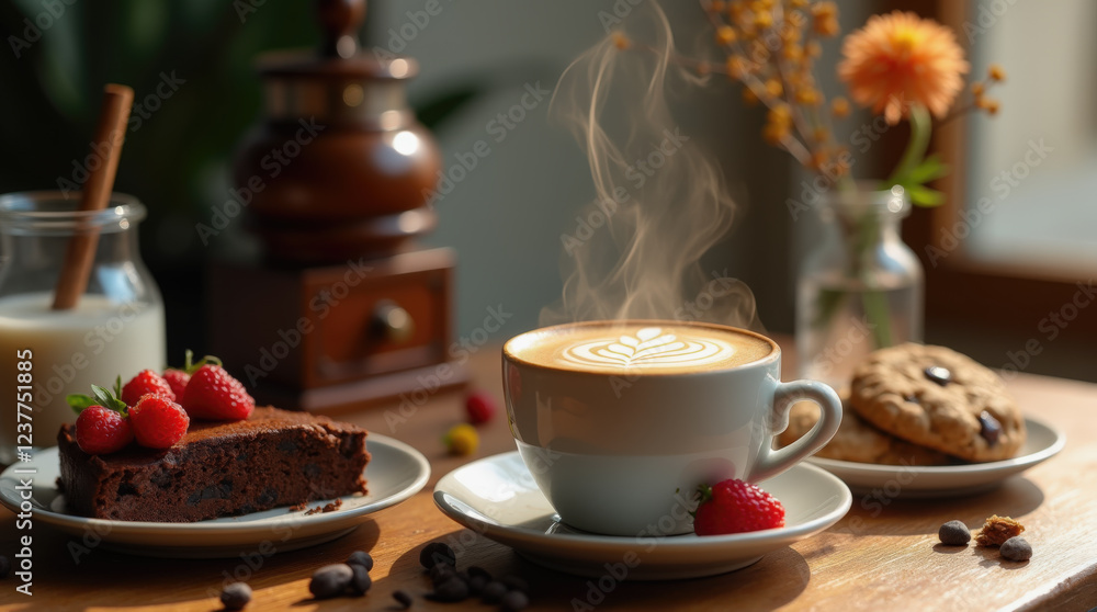 A steaming cup of coffee with latte art sits on a table beside fresh raspberries, cake, and cookies, creating a warm nook filled with sweet treats and sunlight. A steaming cup of coffee with latte art sits on a table beside fresh raspberries, cake, and cookies, creating a warm nook filled with sweet treats and sunlight.