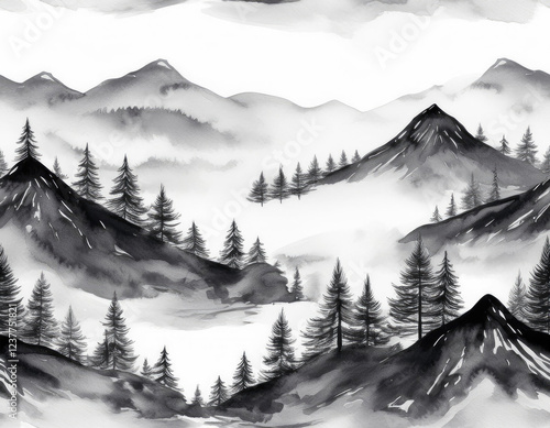 Seamless pattern with foggy mountains and pine trees in black and white colors. Hand drawn watercolor mountain landscape photo