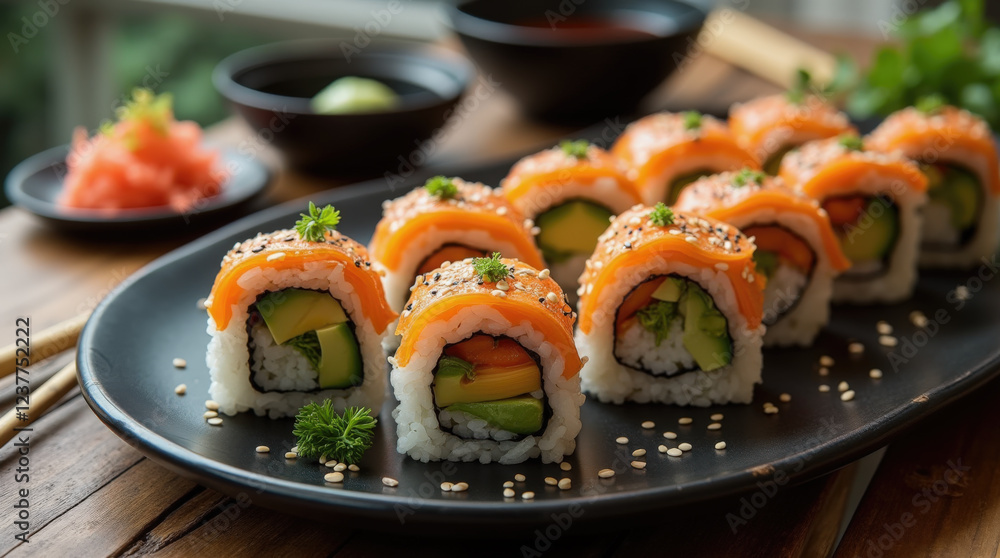 Colorful sushi rolls are arranged beautifully on a black platter. Fresh salmon, avocado, and rice are highlighted, accompanied by ginger and wasabi. Colorful sushi rolls are arranged beautifully on a black platter. Fresh salmon, avocado, and rice are highlighted, accompanied by ginger and wasabi.