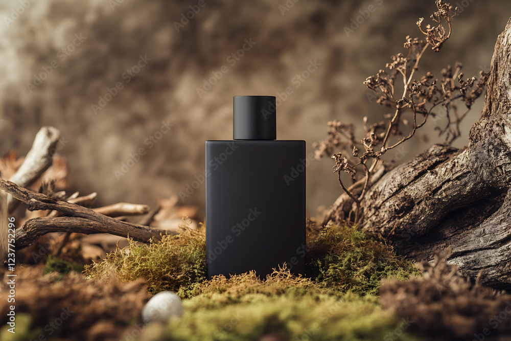 Elegant matte black perfume bottle mockup placed among moss, driftwood, and dried branches with a warm, textured background. Ideal for luxury branding, fragrance packaging, and product presentations