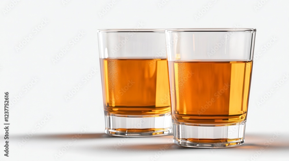 Two Whiskey Glasses with Amber Drink on Light Background Two Whiskey Glasses with Amber Drink on Light Background