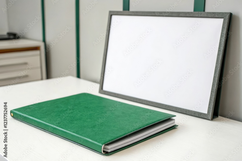 Fototapeta premium Single green folder placed on a white surface with grey frame, desk organizer, workspace decor