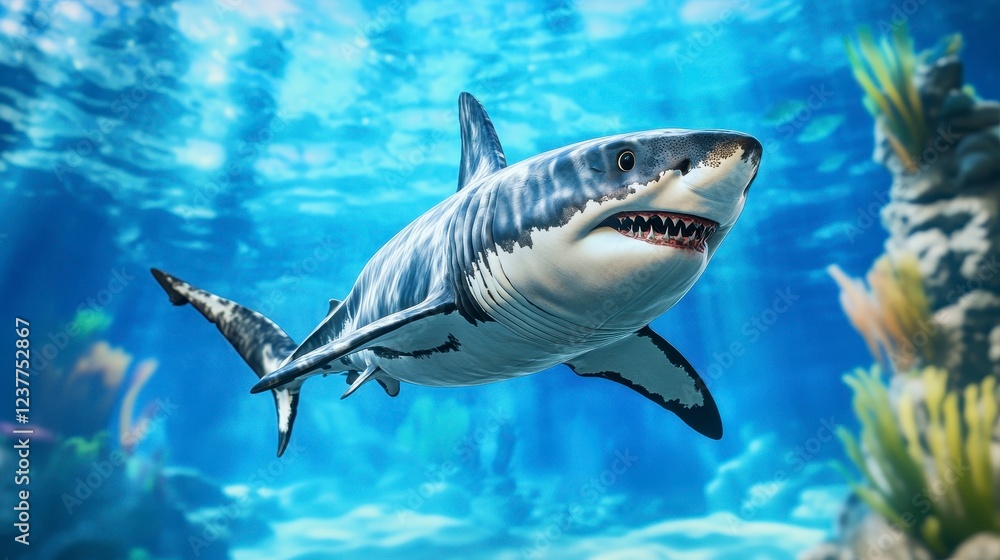 Majestic Great White Shark Swimming in the Clear Ocean Waters Majestic Great White Shark Swimming in the Clear Ocean Waters