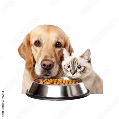 Golden Retriever and Cat Sharing a Bowl of Pet Food