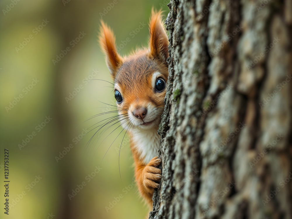 Fototapeta premium Squirrel peeking behind tree trunk looking at camera in natural setting