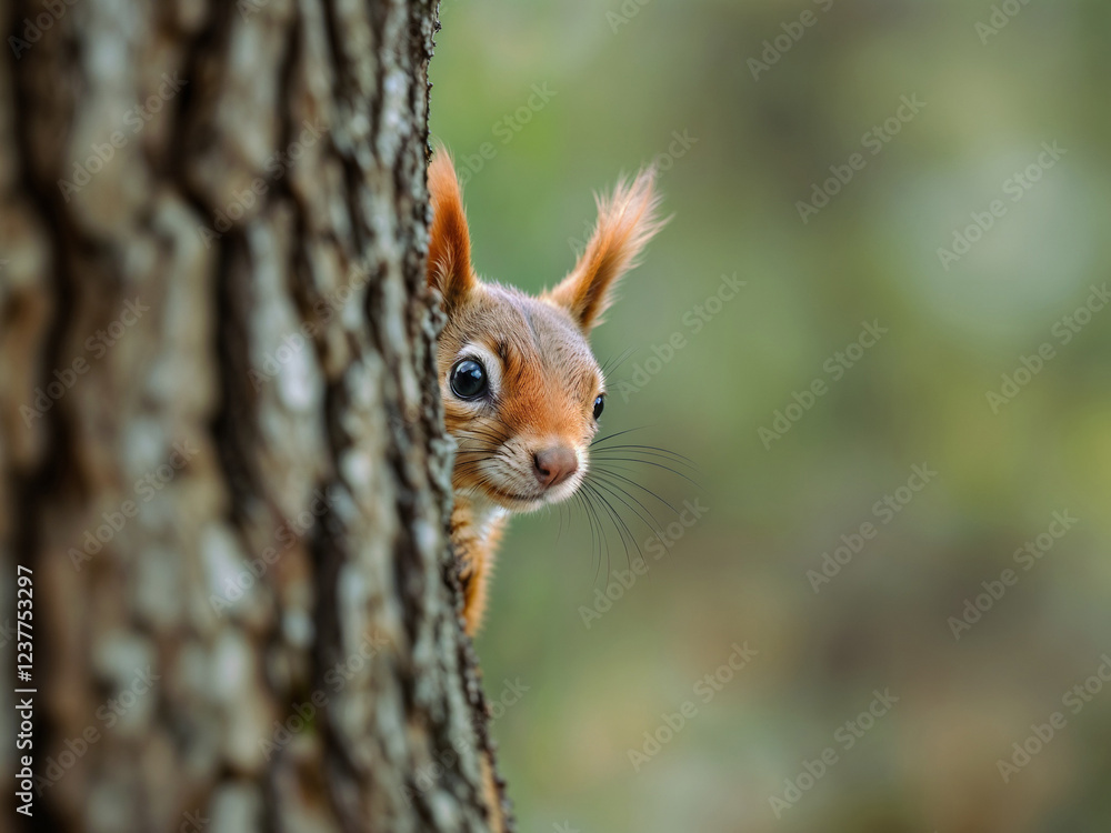 Squirrel peeks from tree trunk observing nature curiously with a blurry background Squirrel peeks from tree trunk observing nature curiously with a blurry background