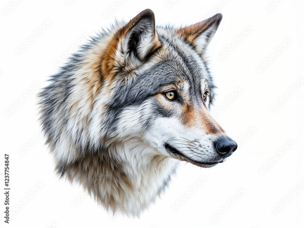 Obraz premium Wolf head portrait looking forward against a white background displaying fur texture