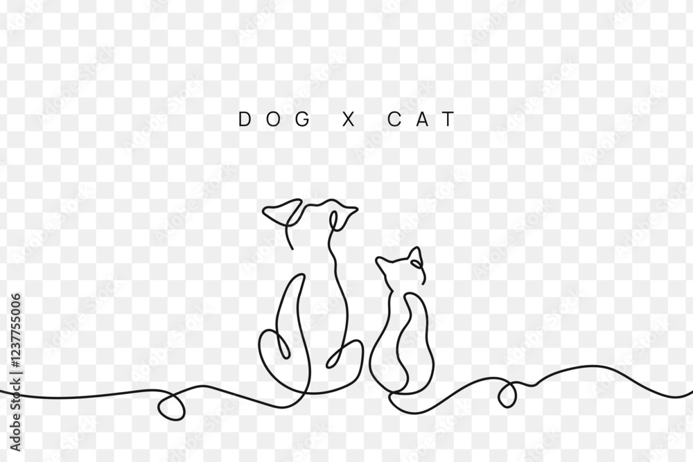 Fototapeta Cute Cat and Dog single line art vector illustration. Continuous one line drawing of cat and dog.