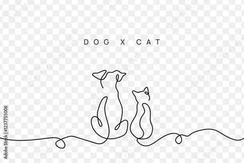Cute Cat and Dog single line art vector illustration. Continuous one line drawing of cat and dog.