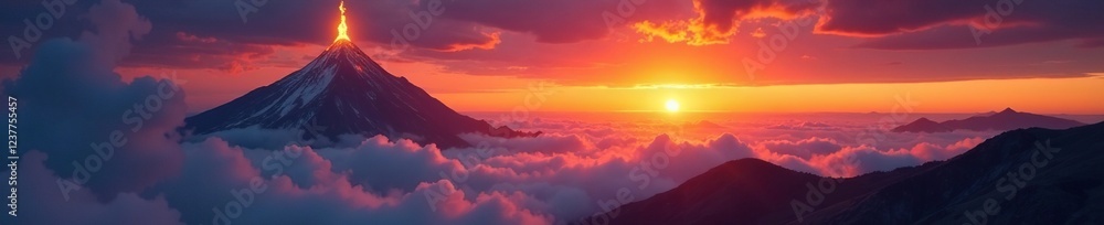 Obraz premium Towering flame piercing the clouds and sky at sunset, mountain, flames