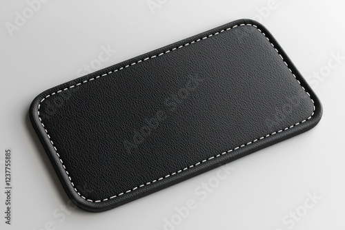 Sleek, minimal design of a black embroidered patch with detailed borders on a plain background.