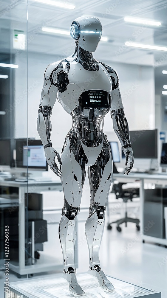 Advanced humanoid robot in a tech lab. Future of AI, automation, innovation Advanced humanoid robot in a tech lab. Future of AI, automation, innovation