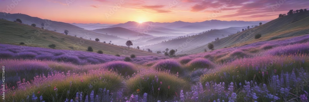 Obraz premium Soft lavender mist rises above a serene landscape of rolling hills and gentle wildflowers , mist, floral fields