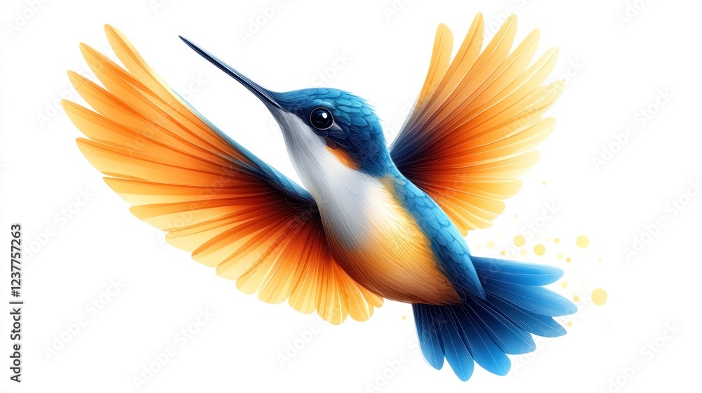 Obraz premium Vibrant hummingbird in flight, white background, nature design
