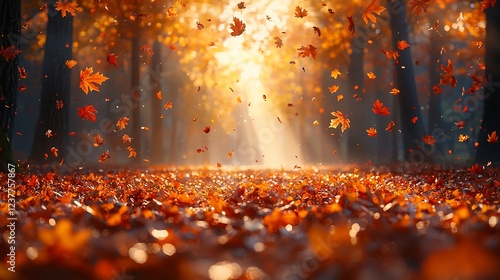 Autumn leaves fall in sunlit forest; idyllic nature scene, perfect for seasonal backgrounds