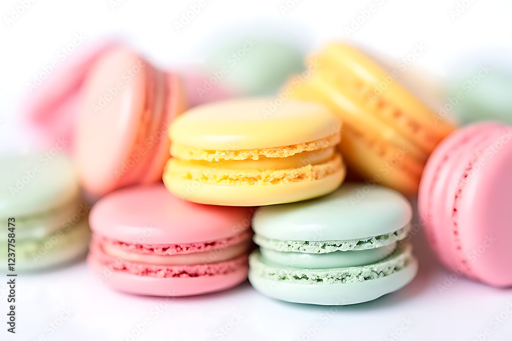 Obraz premium Colorful macaroons stacked on a wooden table with a delicious assortment of pink, yellow, green, and white flavors