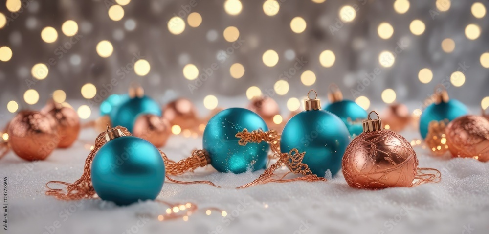 Sparkling turquoise and rose gold ornaments scattered on a snowy winter background adorned with glittering fairy lights and warm golden string lights , winter scene, turquoise Sparkling turquoise and rose gold ornaments scattered on a snowy winter background adorned with glittering fairy lights and warm golden string lights , winter scene, turquoise