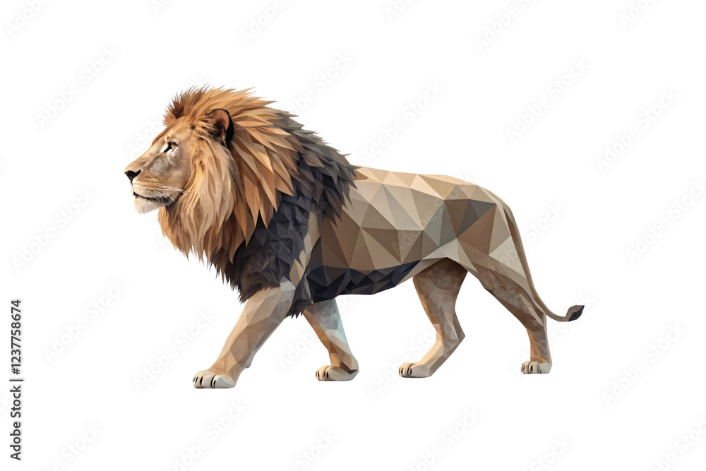 Obraz premium A regal lion crafted with polygonal geometry. Warm earth tones blend with sharp lines, capturing its majestic stride and powerful presence, isolated on a transparent background