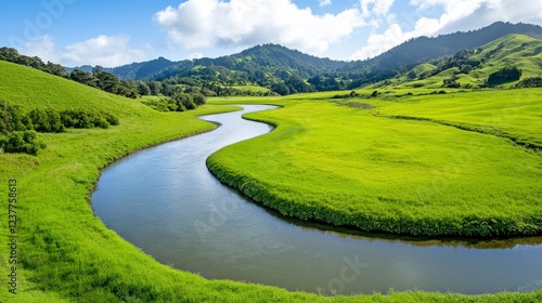 Serene River Flowing Through Lush Green Fields and Rolling Hills
