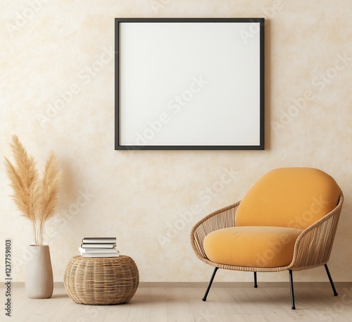Cozy Modern Living Room with Chair, Vase, and Blank Wall Frame