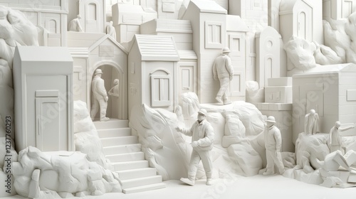 White Architectural Models of Houses and People in Abstract Setting