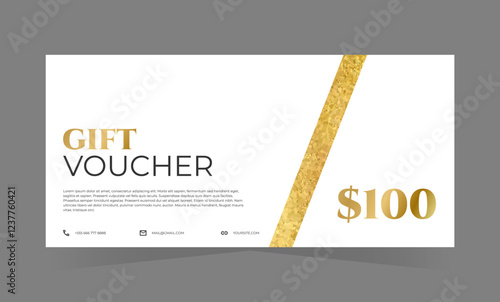 White gift voucher template with golden element and text. Elegant classic promotion design. Vector illustration for birthday, beauty, spa, wellness, travel