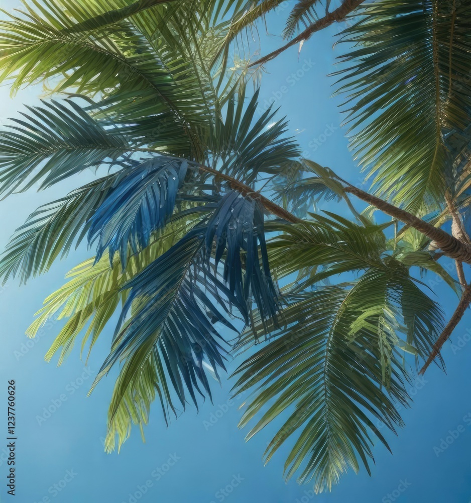Palm fronds in shades of blue hanging from a sturdy tree branch , tropical foliage, wooden tree trunk Palm fronds in shades of blue hanging from a sturdy tree branch , tropical foliage, wooden tree trunk