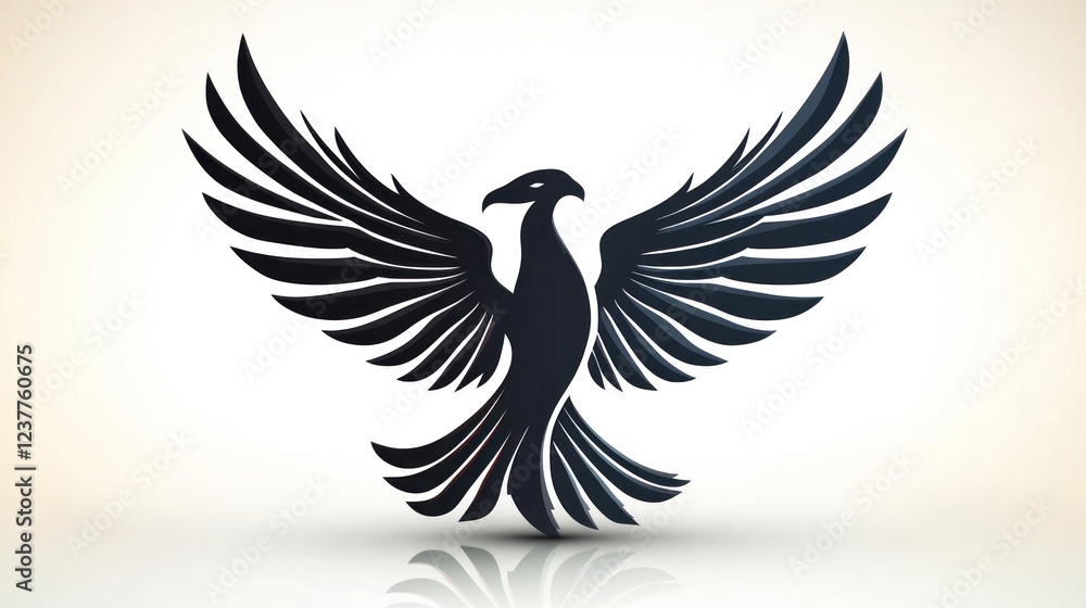 Obraz premium Majestic black bird logo, wings spread, white background, graphic design