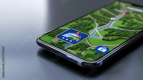 Smartphone Navigation App Interface Showing Secure Map Location with Tropical Destination Preview