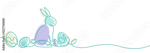 Happy Easter handwritten lettering line design colorful Easter bunny eggs grass white greeting card. Suitable for horizontal posters, greeting cards, or website headers.	