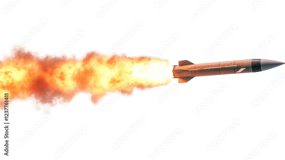 Fototapeta premium Ballistic missile launching leaving fire trail on transparent background