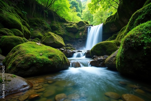 Moss-covered rocks near Barranco de Azuaje waterfall, greenery, rocks