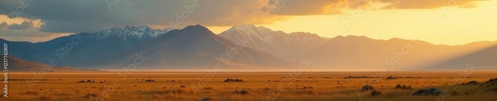 Obraz premium Soft golden light illuminates Altai Mountains against a vast steppes backdrop, vast, misty,
