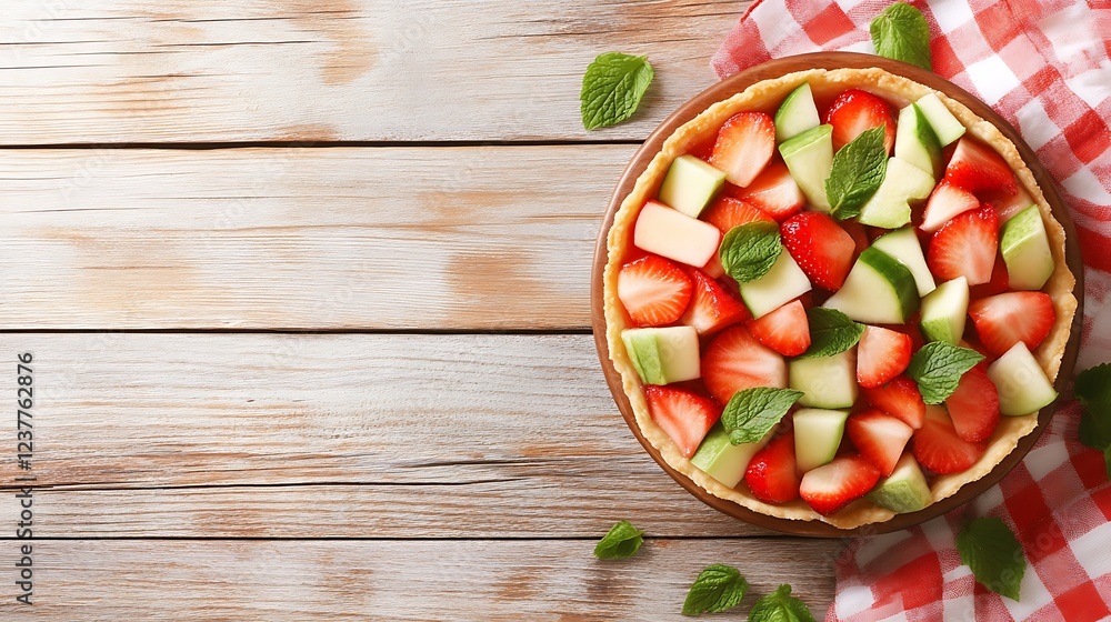 Strawberry rhubarb pie on wooden table, top view, baking concept Strawberry rhubarb pie on wooden table, top view, baking concept