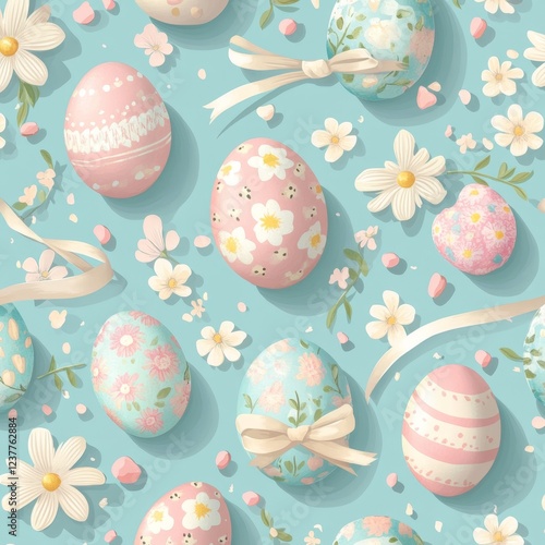 Colorful Easter Eggs and Flowers on Light Blue Background