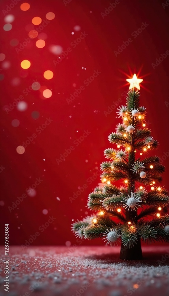 Sparkling snowflakes on a red background with a Christmas tree, christmas, sparkling Sparkling snowflakes on a red background with a Christmas tree, christmas, sparkling