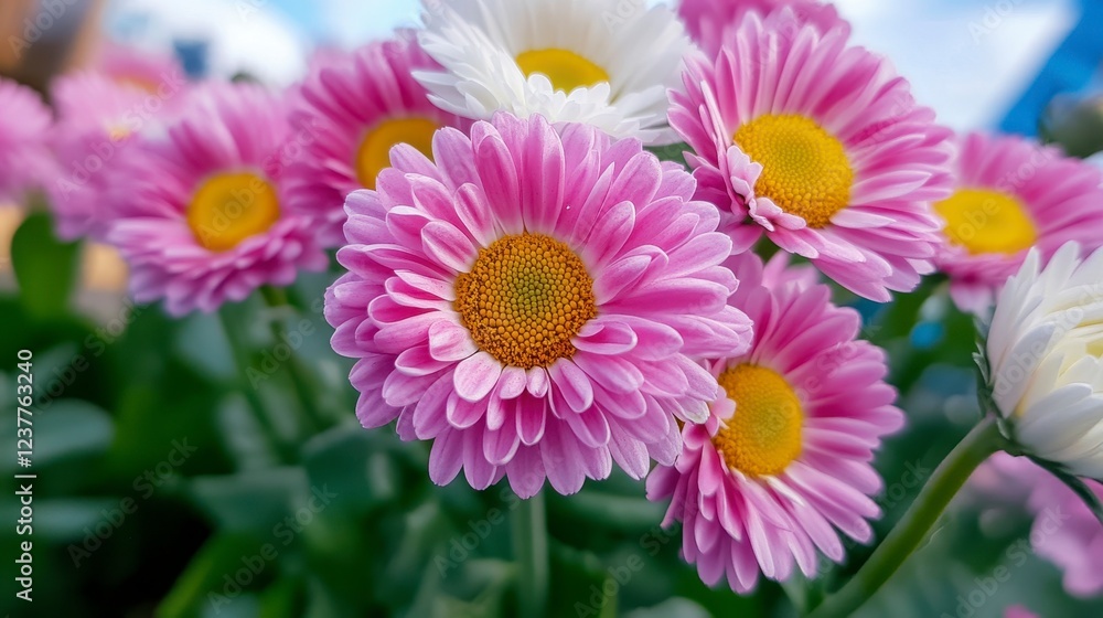 Vibrant Pink and White Flowers Blooming in Sunny Garden Setting Vibrant Pink and White Flowers Blooming in Sunny Garden Setting