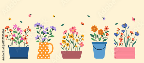 Flat flowers in a pot collection vector illustration