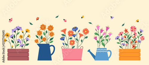 Flat flowers in a pot collection vector illustration