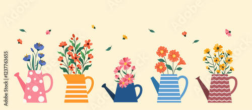 Flat flower in a watering can collection vector illustration